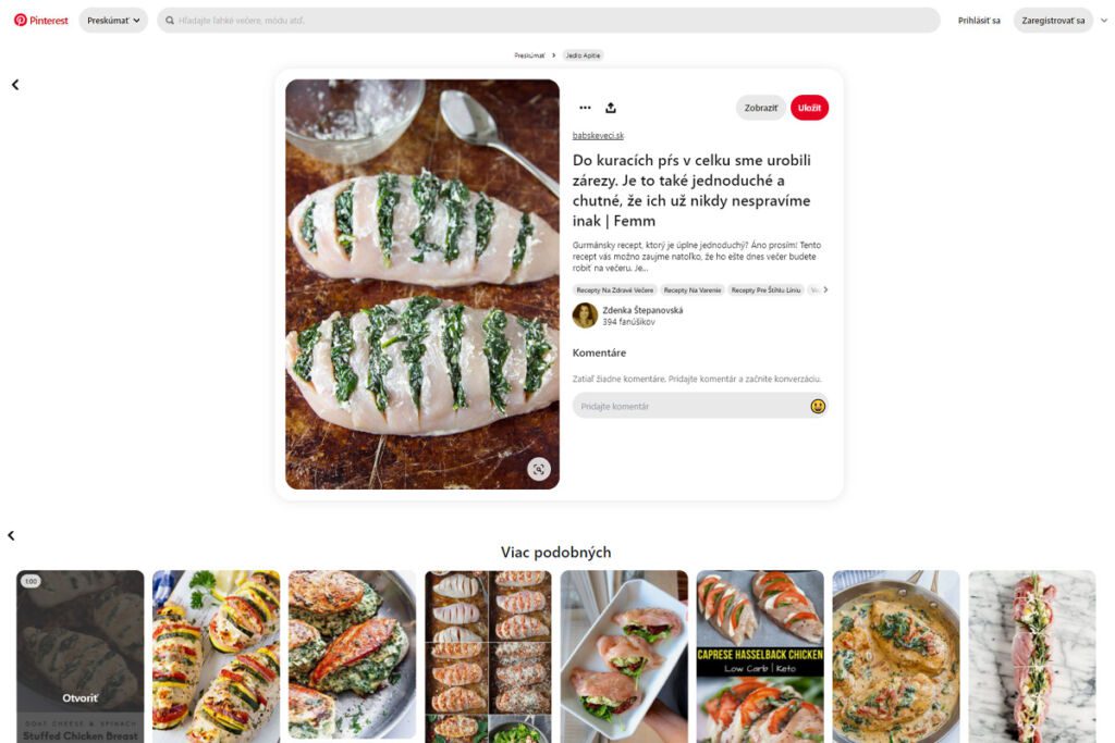 Pinterestu ilustrujúci jeho využitie v marketingu prostredníctvom zbierky tematických obrázkov a receptov, ukazujúci ako značky môžu efektívne oslovovať svoju cieľovú skupinu vizuálnym obsahom.
