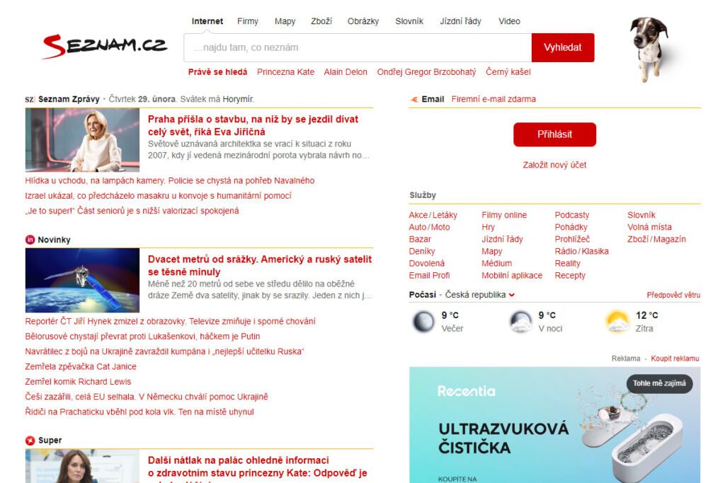Logo a užívateľské rozhranie Seznam.cz, českej internetovej vyhľadávacej platformy, ktorá slúži aj na poskytovanie správ, e-mailových služieb a online map, dôležité pre lokálny digitálny marketing.