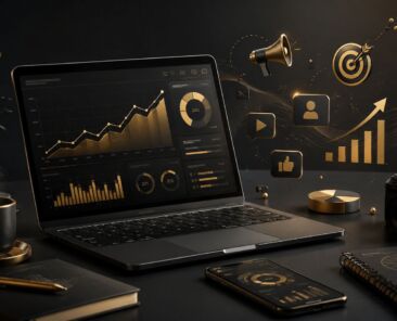 Moderné pracovné prostredie marketingovej agentúry s notebookom, analytickými grafmi a elegantnými čierno-zlatými prvkami.
